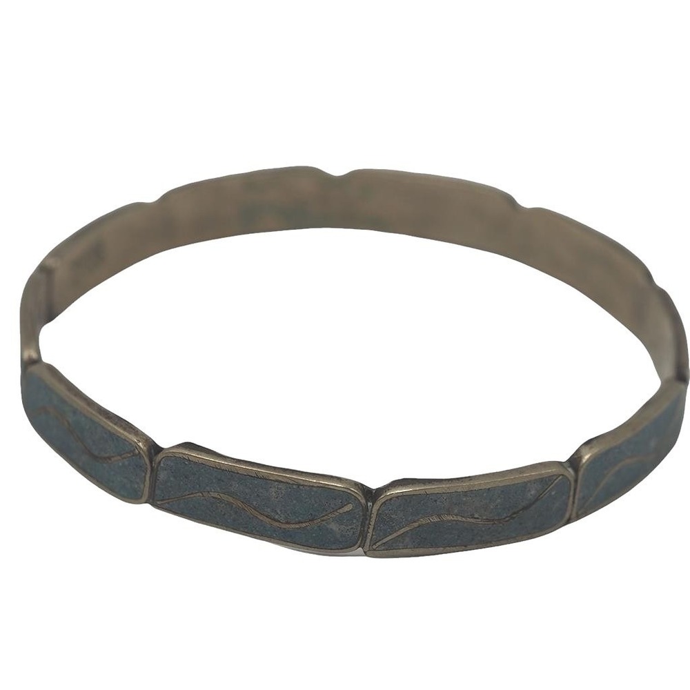 Taxco Mexico Vintage Crushed‎ Turquoise Inlay Bangle Bracelet Silver Tone Wave